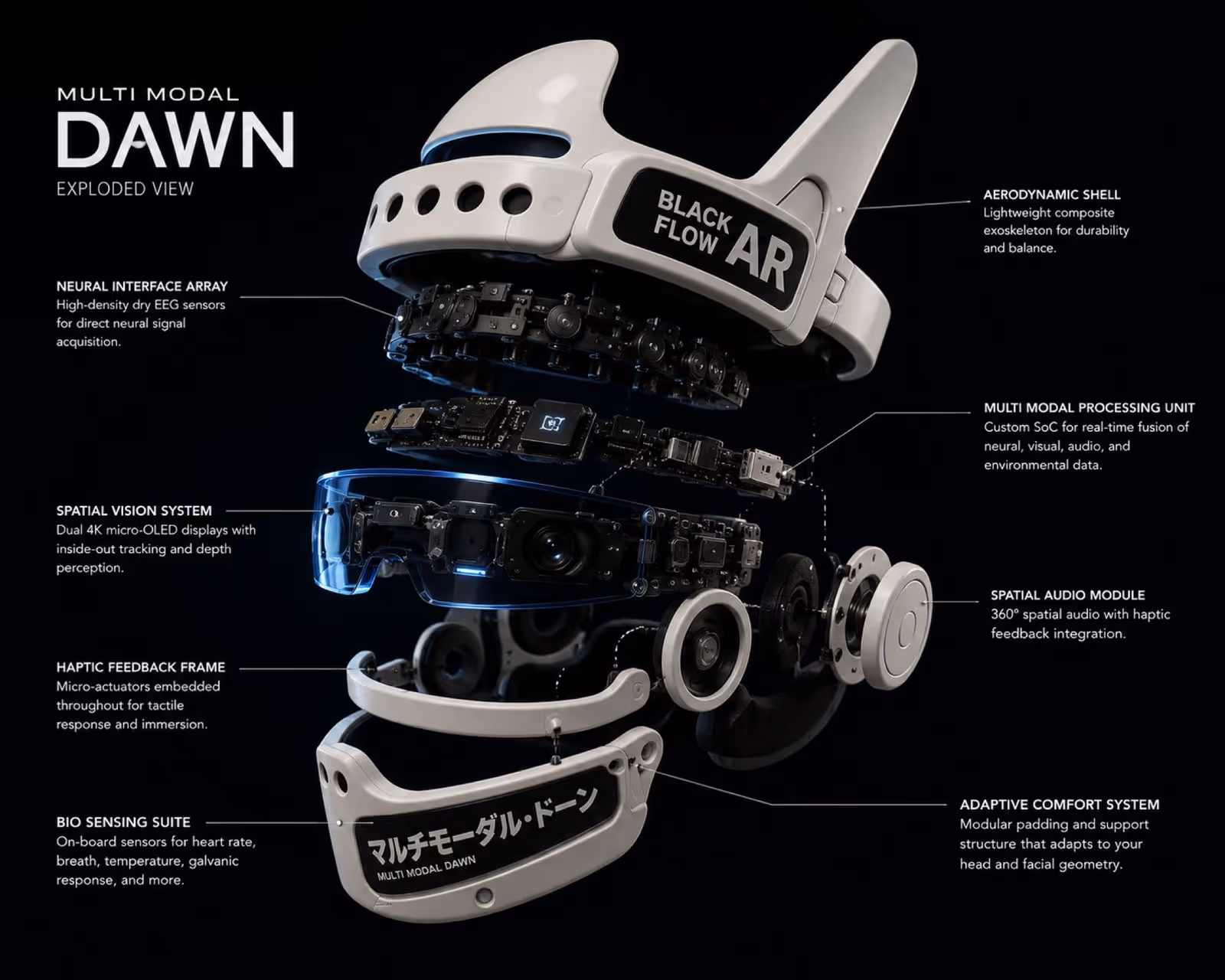 Exploded-view component breakdown of the Multi Modal Dawn headset