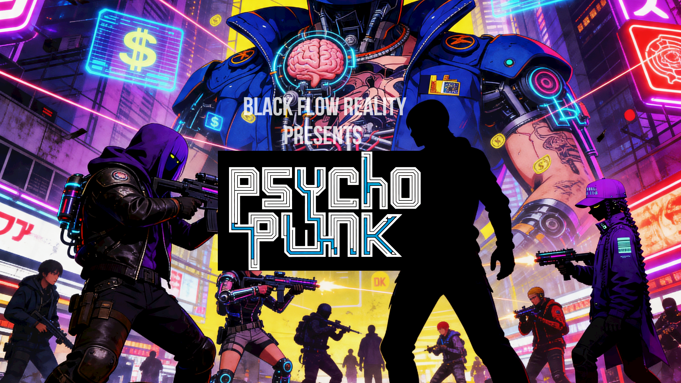 Psychopunk in-game screenshot: a player wearing the headset manipulates floating digital cubes with neural energy in a dark, ruined cyberpunk world